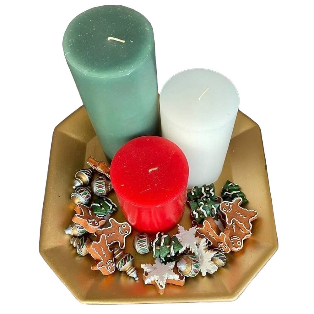 Christmas Candle Set & Decor Red Green White Candles Gold Tone Holder & Box Vtg